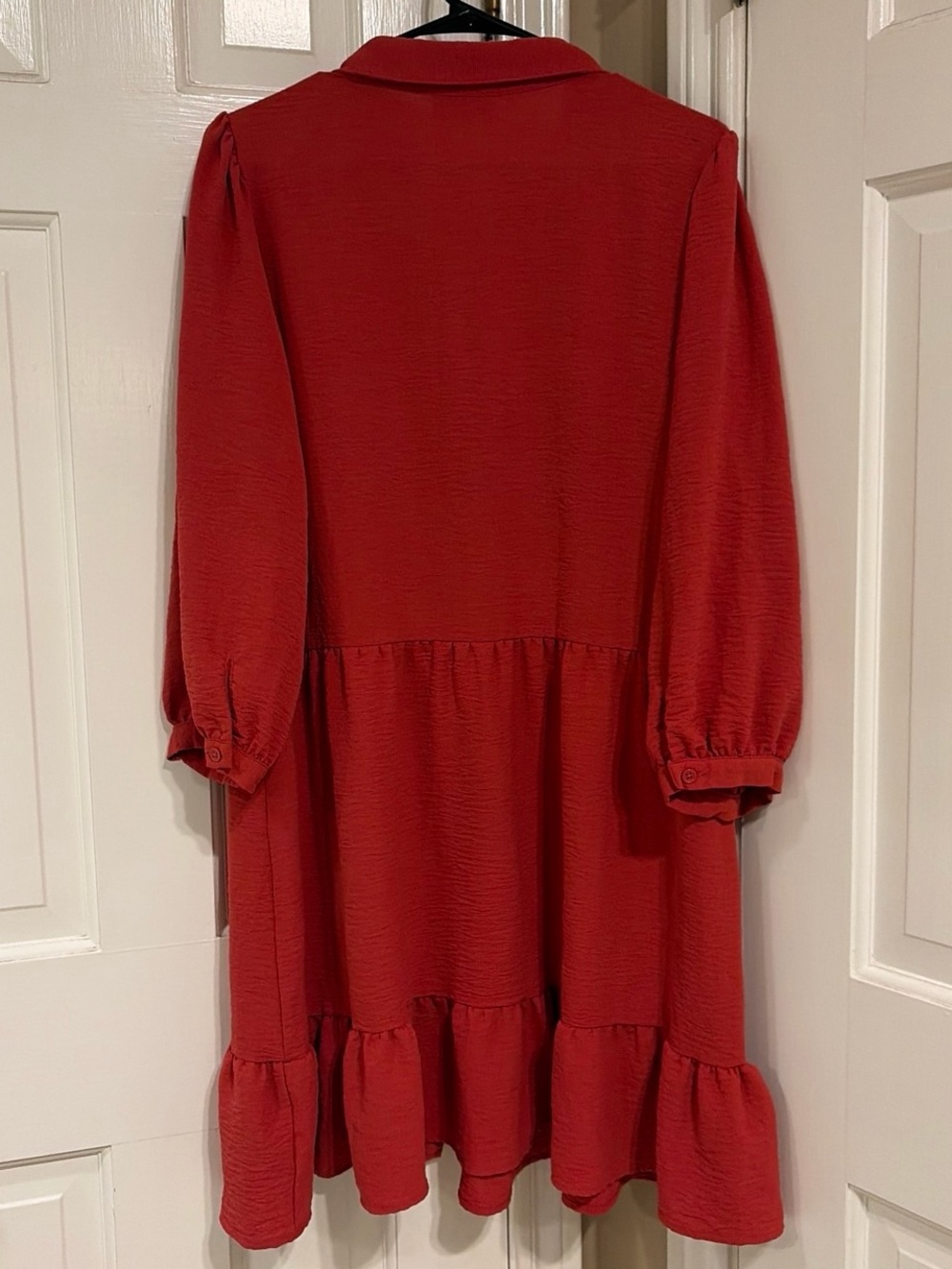 Tahari ASL Coral-Red Long-Sleeve Button Front Ruffle-Hem Dress - Picture 2 of 7